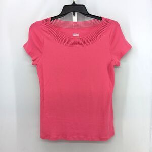 Basic Editions Shirt Women Large Pink Short Sleeve Crochet Neckline Casual Top